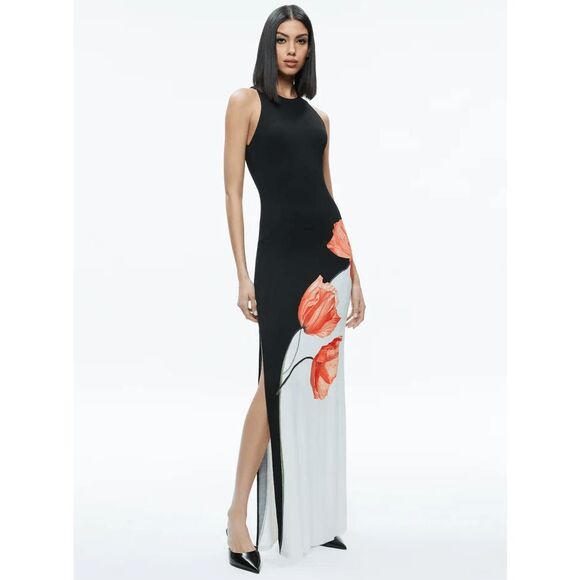 Alice + Olivia Pania Two-tone Floral Maxi Dress Dream Life Black Size 4 $495 - Picture 1 of 7
